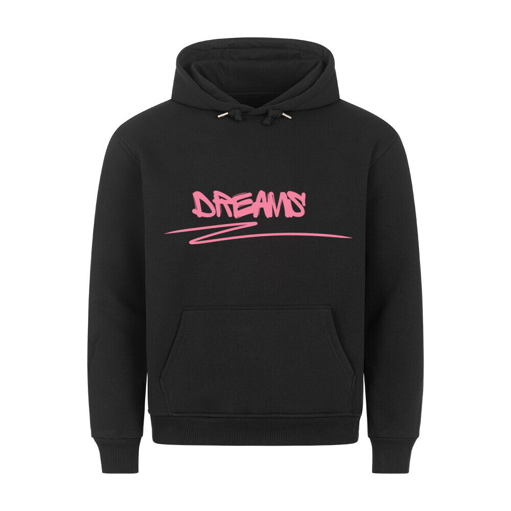 Der MarketPrint Premium Hoodie "Dreams" verfügt über einen gemütlichen Schnitt, Fronttasche, Kapuze und einen fetten pinkfarbenen "DREAMS"-Schriftzug im Graffiti-Stil mit Unterstreichung auf der Brust - eine Kombination aus hoher Qualität, Komfort und stylischem Design.