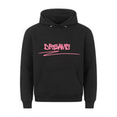 Der MarketPrint Premium Hoodie "Dreams" verfügt über einen gemütlichen Schnitt, Fronttasche, Kapuze und einen fetten pinkfarbenen "DREAMS"-Schriftzug im Graffiti-Stil mit Unterstreichung auf der Brust - eine Kombination aus hoher Qualität, Komfort und stylischem Design.