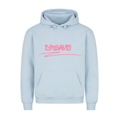 Der MarketPrint Premium Hoodie "Dreams" ist hellblau und hat eine bequeme Passform, eine Vordertasche und den rosa Graffiti-Text DREAMS auf der Brust.