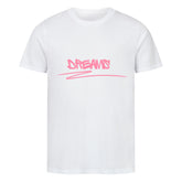 Das Premium Shirt "Dreams" von MarketPrint ist ein unisex, weißes Bio-Baumwolle Single Jersey T-Shirt mit DREAMS in rosa Graffiti und einer Underline Grafik auf der Brust.