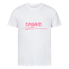 Das Premium Shirt "Dreams" von MarketPrint ist ein unisex, weißes Bio-Baumwolle Single Jersey T-Shirt mit DREAMS in rosa Graffiti und einer Underline Grafik auf der Brust.