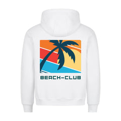 Der MarketPrint Premium Hoodie "Beach-Club" zeigt einen gemütlichen Schnitt, eine schwarze Palme auf einem bunten geometrischen Sonnenuntergang mit BEACH-CLUB Text auf der Rückseite. Hergestellt in Türkiye.