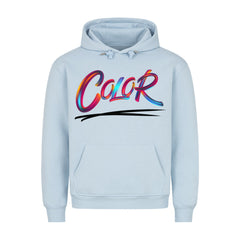 Der MarketPrint Premium Hoodie "Color" ist hellblau mit "Color" in fetten, mehrfarbigen Buchstaben über einem schwarzen Swoosh. Er verfügt über einen gemütlichen Schnitt, eine Fronttasche und eine Kapuze mit Kordelzug für ultimativen Komfort und Stil.