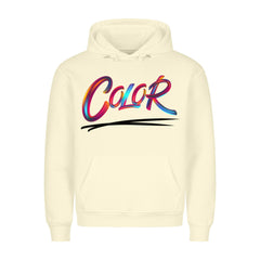 Der MarketPrint Premium Hoodie "Color" zeichnet sich durch cremefarbenen Stoff, einen auffälligen mehrfarbigen "Color"-Schriftzug über einem schwarzen Swoosh, einen gemütlichen Schnitt, eine Vordertasche und Kordelzüge für hohe Qualität und Komfort aus.