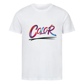 Das MarketPrint Premium Shirt "Color" zeigt das Wort Color in fetten, bunten Pinselstrichen über einem schwarzen Swoosh auf weißer Bio-Baumwolle - ideal für Fans der nachhaltigen Mode.