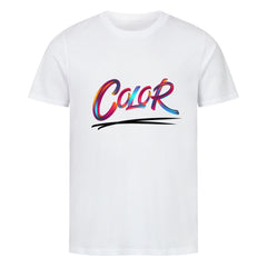Das MarketPrint Premium Shirt "Color" zeigt das Wort Color in fetten, bunten Pinselstrichen über einem schwarzen Swoosh auf weißer Bio-Baumwolle - ideal für Fans der nachhaltigen Mode.
