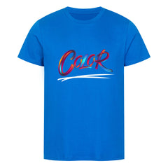 Das MarketPrint Premium Shirt "Color" ist ein einfarbig blaues Unisex-T-Shirt aus Bio-Baumwolle mit dem Schriftzug "Color" in mehrfarbiger Schrift über einem weißen Pinselstrich - ideal für Fans nachhaltiger Mode.