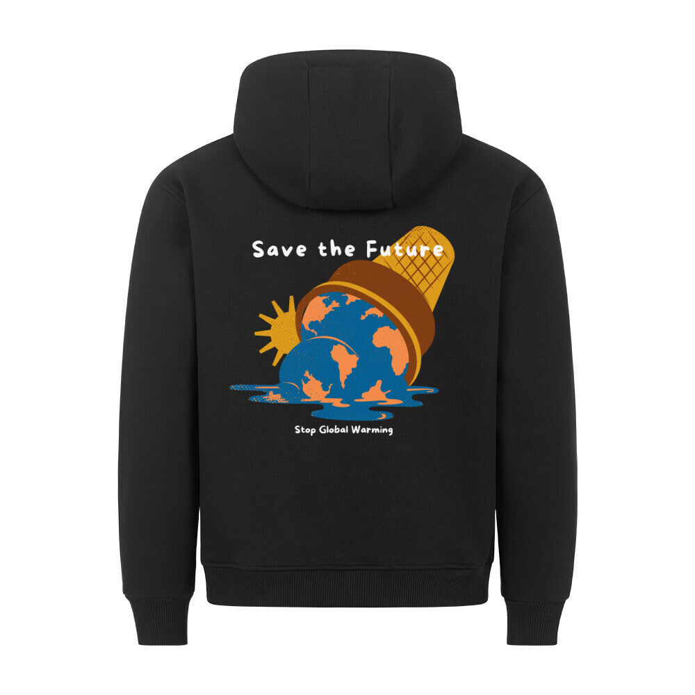 Der MarketPrint Premium Hoodie "Save the future" in schwarz zeigt eine schmelzende Erde in einer umgedrehten Eistüte mit "Save the Future" und "Stop Global Warming" in weiß auf dem Rücken, dazu ein gemütlicher Schnitt für extra Komfort.