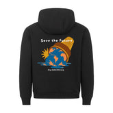 Der MarketPrint Premium Hoodie "Save the future" in schwarz zeigt eine schmelzende Erde in einer umgedrehten Eistüte mit "Save the Future" und "Stop Global Warming" in weiß auf dem Rücken, dazu ein gemütlicher Schnitt für extra Komfort.