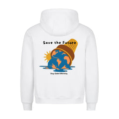 Der Premium Hoodie "Save the future" von MarketPrint überzeugt mit hochwertiger Qualität und bequemem Schnitt. Das weiße Design zeigt eine schmelzende Eistüte über der Erde und den Slogan "Save the Future - Stop Global Warming".