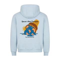 Der MarketPrint Premium Hoodie "Save the future" in hellblau zeigt eine schmelzende Eiswaffel auf der Erde, mit "Save the Future" oben und "Stop Global Warming" unten auf dem Rücken. Hohe Qualität und gemütlicher Schnitt für besten Tragekomfort.