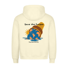 Der cremefarbene Premium Hoodie "Save the future" von MarketPrint zeigt ein schmelzendes Erd-Eis, "Save the Future" und "Stop Global Warming" auf dem Rücken. Gemütliche Passform und hohe Qualität - perfekt für umweltbewusste Trendsetter.