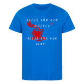 Das Premium Shirt "alles für den Kaffee" von MarketPrint: Unisex, aus Bio-Baumwolle in Blau mit roter Kaffeetasse, Herz und weißem Spruch. Ideal für Kaffee- und Clubfans!.