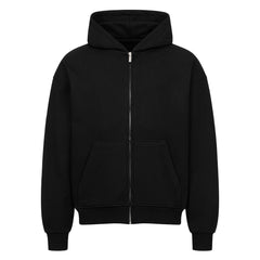 Der Oversized Zipper Hoodie "Natur" von MarketPrint ist ein schlichter, schwarzer Premium-Kapuzenpulli aus 100% Baumwolle, mit einem Frontreißverschluss, zwei Taschen, Rippbündchen an Ärmeln und Saum und einer bequemen, übergroßen Passform. Abgebildet auf weißem Hintergrund.