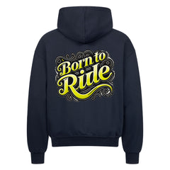 Der schwarze Oversized Zipper Hoodie "Born to Ride" von MarketPrint hat einen gelben Text und ist aus 100% Baumwolle.