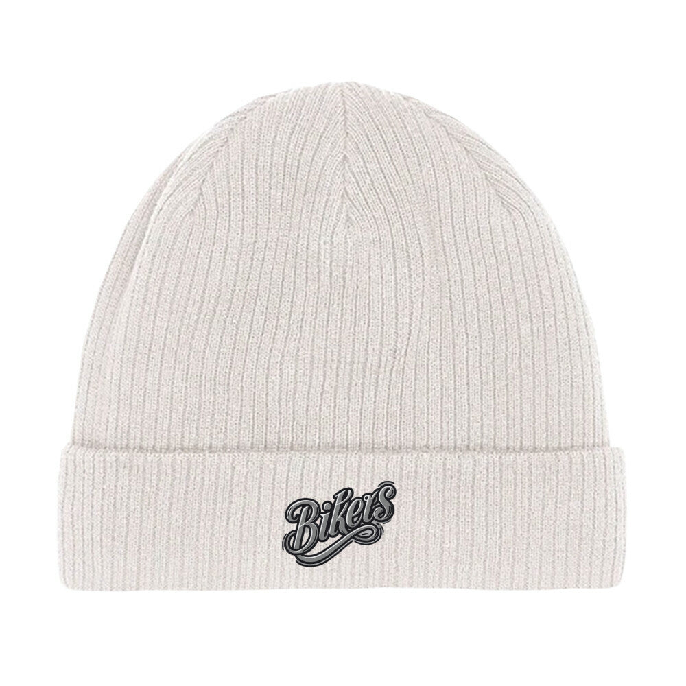 Die MarketPrint Beanie Mütze "Bikers" ist eine hellgraue doppellagige Strick Beanie mit einer umgeschlagenen Krempe und "Bikes" in schwarz-weißer Schreibschrift auf der Vorderseite gestickt.