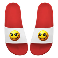 Die MarketPrint Badelatschen "Dreckiger Smiley" sind ideal für einen Badetag oder ein entspanntes Zuhause. Sie sind rot mit weißen Bändern und werden von einem großen gelben Smiley-Gesicht mit hochgezogenen Augenbrauen und einem schelmischen Grinsen gekrönt.