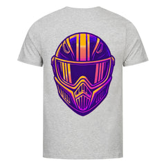 Das MarketPrint Premium Shirt "Streetfighter Helm" ist ein hellgraues Unisex-Trikot mit einer auffälligen lila-gelben Motocross-Helm-Grafik mit Schutzbrille auf dem Rücken.