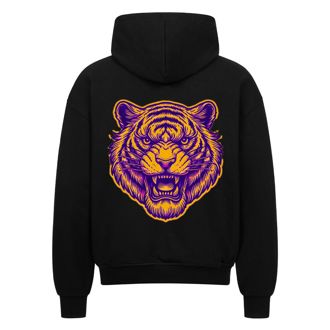 Der MarketPrint Oversized Zipper Hoodie "Bär" in schwarz hat eine große lila-gelbe Tiger-Grafik auf dem Rücken, eine übergroße Passform, eine Kapuze, lange Ärmel und ist aus 100% Baumwolle für maximalen Komfort und Stil.