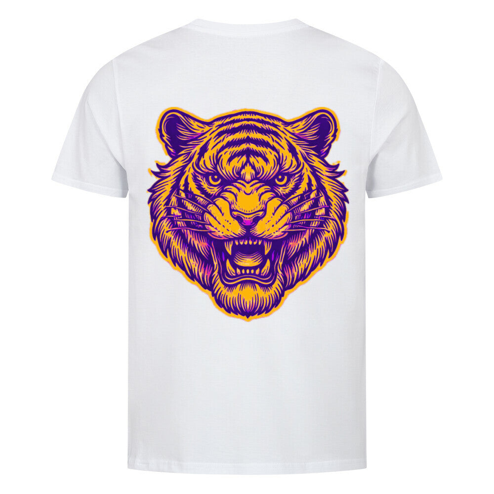 Das MarketPrint Premium Shirt "Tiger" ist ein weißes Unisex-T-Shirt mit einer auffälligen lila-gelben Tigerkopfgrafik auf der Rückseite, gefertigt aus weichem Bio-Baumwoll-Single-Jersey. Auf einfarbigem Hintergrund dargestellt.
