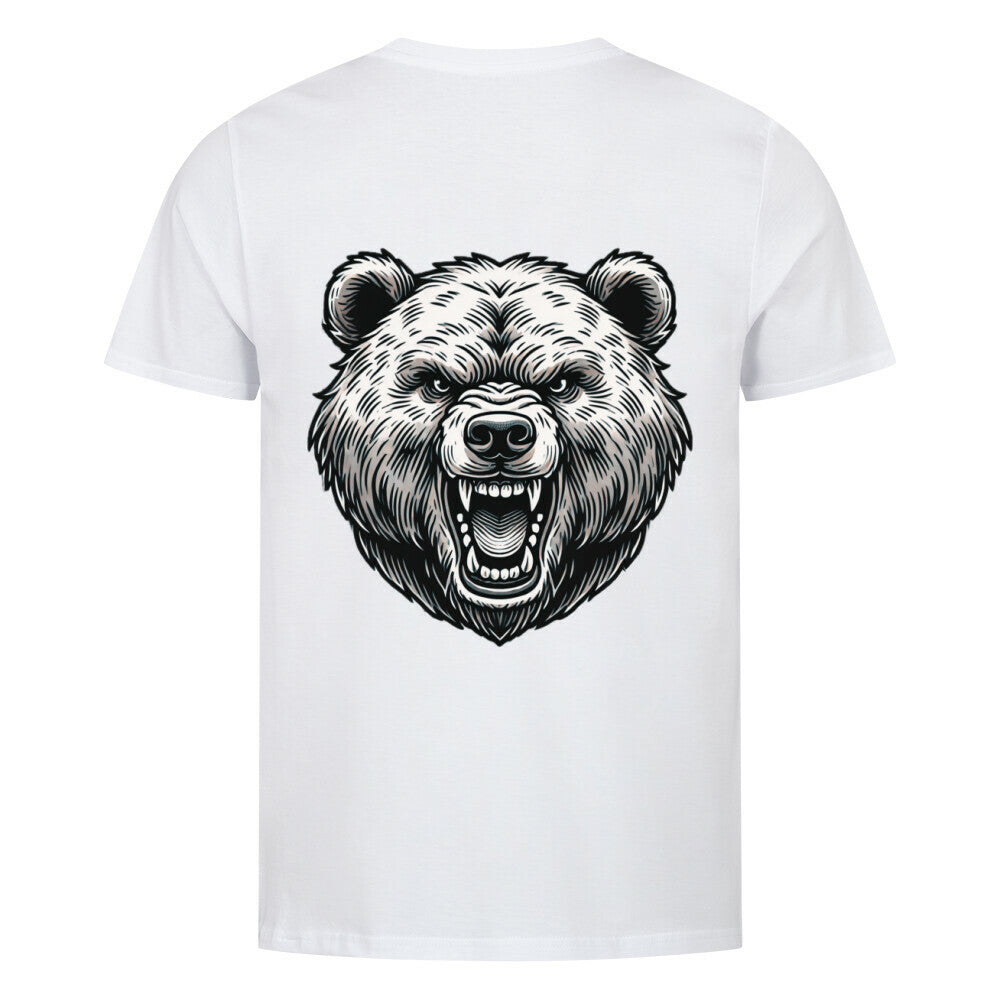 Das Premium Shirt "Bär" von MarketPrint ist ein unisex Bio-Baumwollshirt mit großem, detailliertem Bärenkopf-Print samt geöffnetem Maul auf dem Rücken. Singlejersey sorgt für hohen Tragekomfort.