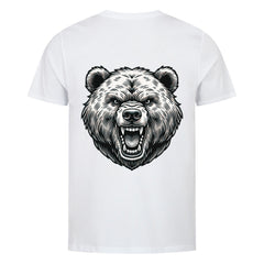 Das Premium Shirt "Bär" von MarketPrint ist ein unisex Bio-Baumwollshirt mit großem, detailliertem Bärenkopf-Print samt geöffnetem Maul auf dem Rücken. Singlejersey sorgt für hohen Tragekomfort.