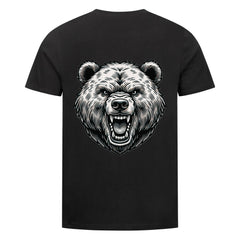 Das MarketPrint Premium Shirt "Bär" ist ein schwarzes Unisex-T-Shirt mit einer auffälligen Brüllbär-Grafik auf dem Rücken, mittig zwischen den Schultern, aus weichem Bio-Baumwoll-Single-Jersey für dauerhaften Komfort und Stil.