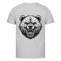 Das Premium Shirt "Bär" von MarketPrint ist ein graues Unisex-Kurzarm-Shirt aus weicher Single-Jersey-Bio-Baumwolle mit einem großen, detailreichen Brüllbärenkopf-Druck auf dem Rücken.