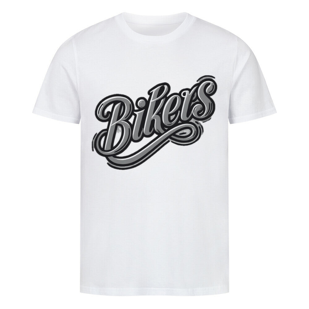 Das Premium Shirt "Biker" von MarketPrint ist ein weiches Unisex-Singlejersey-T-Shirt aus schlichter weißer Bio-Baumwolle, auf dessen Brust in schwarzer Schrift der Schriftzug "Bikers" prangt.