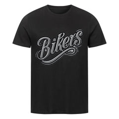 Das MarketPrint Premium Shirt "Biker" ist ein schwarzes Unisex-Kurzarm-T-Shirt aus Bio-Baumwolle mit dem Schriftzug "Bikers" in großer stilisierter grauer Schrift auf der Brust.