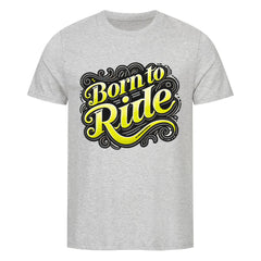 Das MarketPrint Premium Shirt "Born to Ride" ist ein hellgraues Unisex-Kurzarm-T-Shirt aus weicher Single-Jersey-Bio-Baumwolle mit einem auffälligen gelb-schwarzen Born to Ride-Schriftzug und einem verwirbelten schwarzen Frontmuster.