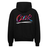 Der MarketPrint Oversized Zipper Hoodie "COLOR" besteht aus schwarzer Premium-Baumwolle (100%) mit dem Schriftzug "Color" in mehrfarbiger Pinselstrich-Schrift und einer weißen Swipe-Grafik auf der Rückseite und bietet sowohl Komfort als auch einen auffälligen Stil.