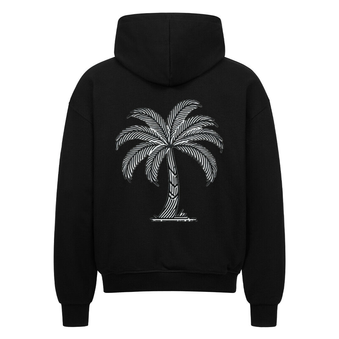 Der MarketPrint Oversized Zipper Hoodie "Palme" ist ein schwarzer Kapuzenpullover aus 100% Baumwolle mit einer weißen stilisierten Palmengrafik auf dem Rücken, die auf einem einfarbig weißen Hintergrund abgebildet ist.
