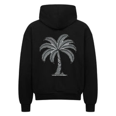 Der MarketPrint Oversized Zipper Hoodie "Palme" ist ein schwarzer Kapuzenpullover aus 100% Baumwolle mit einer weißen stilisierten Palmengrafik auf dem Rücken, die auf einem einfarbig weißen Hintergrund abgebildet ist.