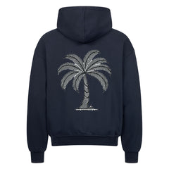 Der MarketPrint Oversized Zipper Hoodie "Palme" ist schwarz mit einer weiß umrandeten Palme auf dem Rücken, gerippten Ärmeln und Bund, ohne sichtbares Design auf der Vorderseite, und aus 100% Baumwolle für Komfort.