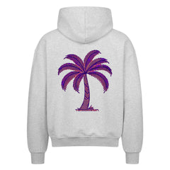 Der MarketPrint Oversized Zipper Hoodie "Palme" in Hellgrau zeigt eine große lila Palmengrafik mit strukturierten Linien auf dem Rücken, hat eine übergroße Passform und ist aus 100% Baumwolle gefertigt. Auf weißem Hintergrund abgebildet.
