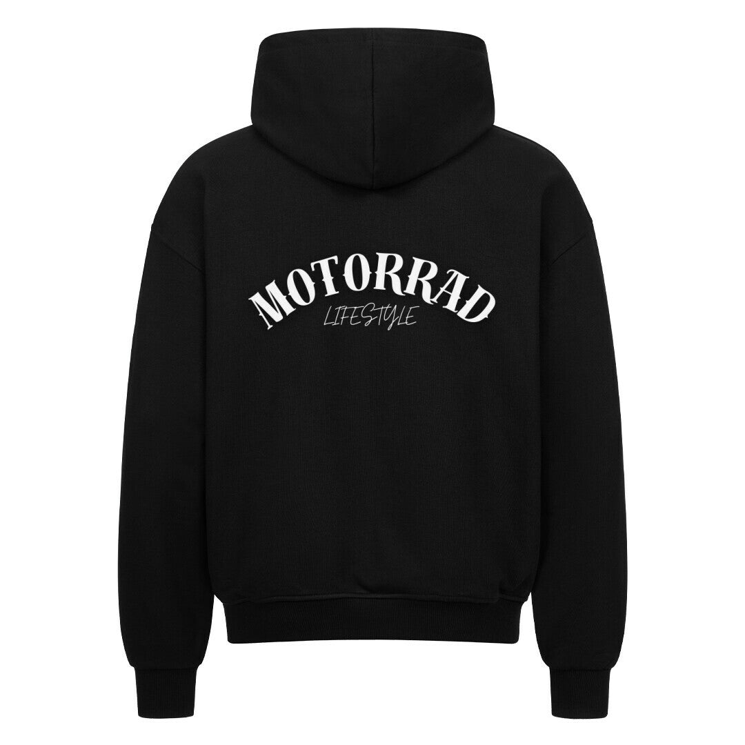 Der MarketPrint Oversized Zipper Hoodie "Motorrad Lifestyle" besticht durch einen fetten, weißen Bogenschriftzug auf dem Rücken und einen übergroßen Schnitt. Hergestellt aus 100% Baumwolle, bietet er Komfort und Stil.