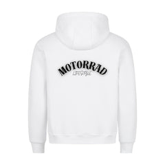 Der MarketPrint Premium Hoodie "Motorrad Lifestyle" in weiß zeigt MOTORRAD in fetten schwarzen Buchstaben und LIFESTYLE darunter auf dem Rücken. Er bietet eine bequeme Passform und wird in Türkiye hergestellt.
