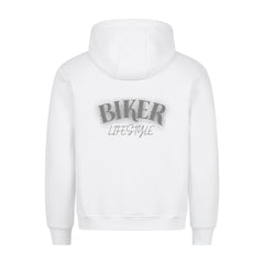 Der Premium Hoodie "BIKER" von MarketPrint aus weißem Stoff im gemütlichen Schnitt zeigt hinten den Slogan BIKER LIFESTYLE in Grau und Schwarz - ein stylisches Statement für Qualität und Coolness.