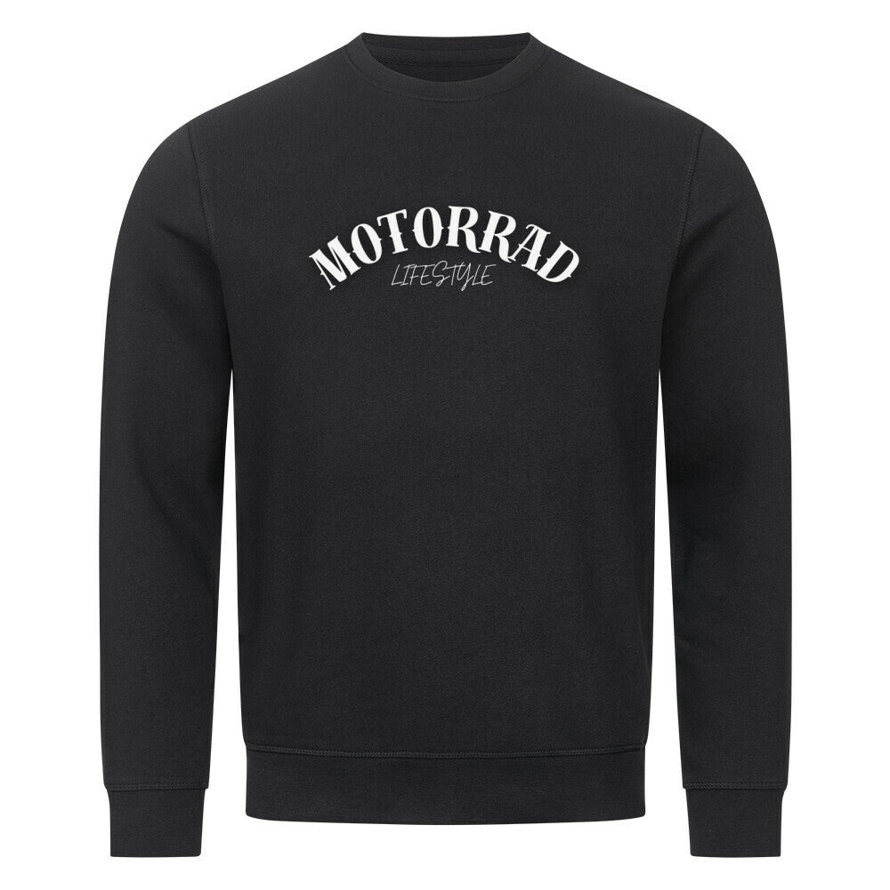 Das Premium Sweatshirt "Motorrad" von MarketPrint ist ein schwarzer Unisex-Pullover mit MOTORRAD LIFESTYLE als geschwungener Druck in weiß, aus weicher Bio-Baumwolle, mit langen Ärmeln und geripptem Kragen, Bündchen und Saum.