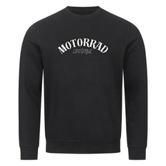 Das Premium Sweatshirt "Motorrad" von MarketPrint ist ein schwarzer Unisex-Pullover mit MOTORRAD LIFESTYLE als geschwungener Druck in weiß, aus weicher Bio-Baumwolle, mit langen Ärmeln und geripptem Kragen, Bündchen und Saum.
