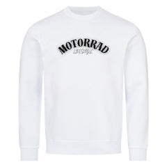 Das Premium Sweatshirt "Motorrad" von MarketPrint ist ein schlichtes, weißes Unisex-Top mit dem Schriftzug "MOTORRAD LIFESTYLE" in schwarzer Schrift auf der Brust - MOTORRAD über LIFESTYLE - für ein stylisches, nachhaltiges Fashion-Statement.