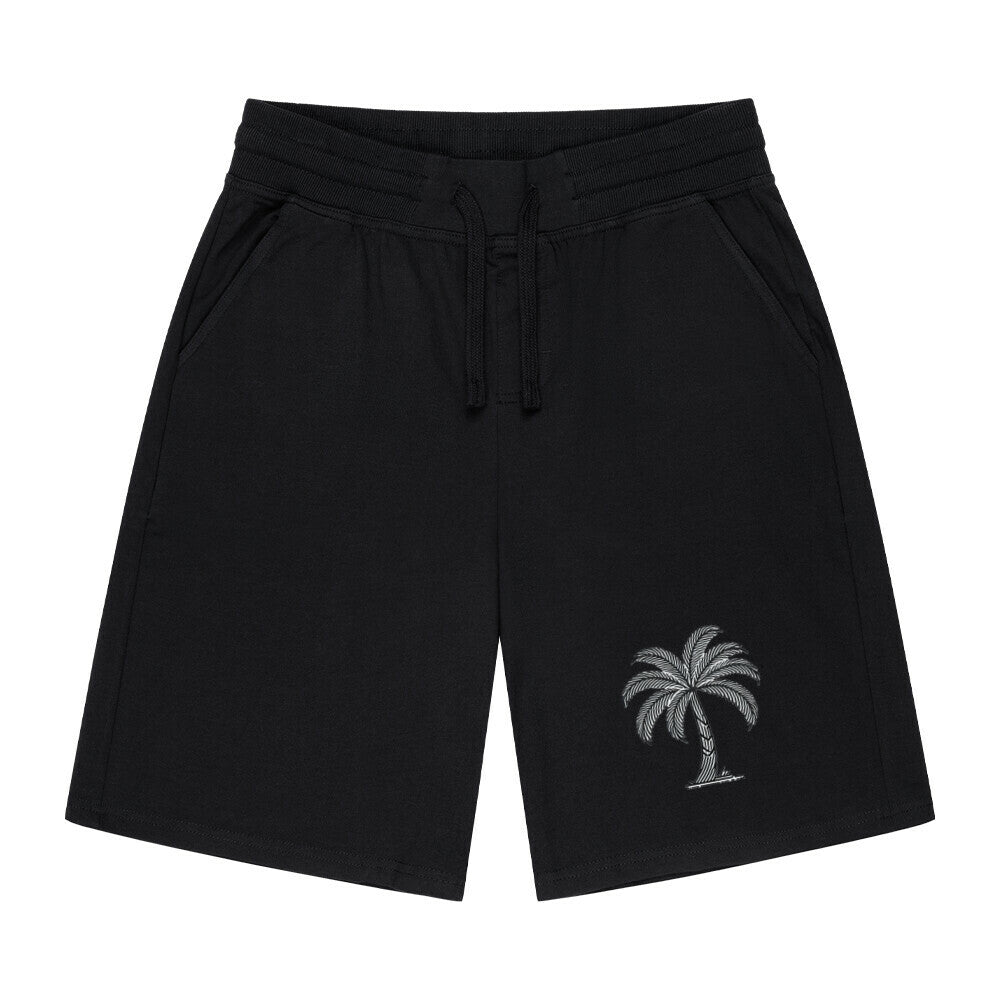 Die MarketPrint Shorts "Palme" sind schwarze Herrenshorts mit Kordelzug, Seitentaschen und einer aufgestickten Palme auf dem linken Bein, ideal für das Fitnesstraining, abgebildet auf einem einfarbig weißen Hintergrund.