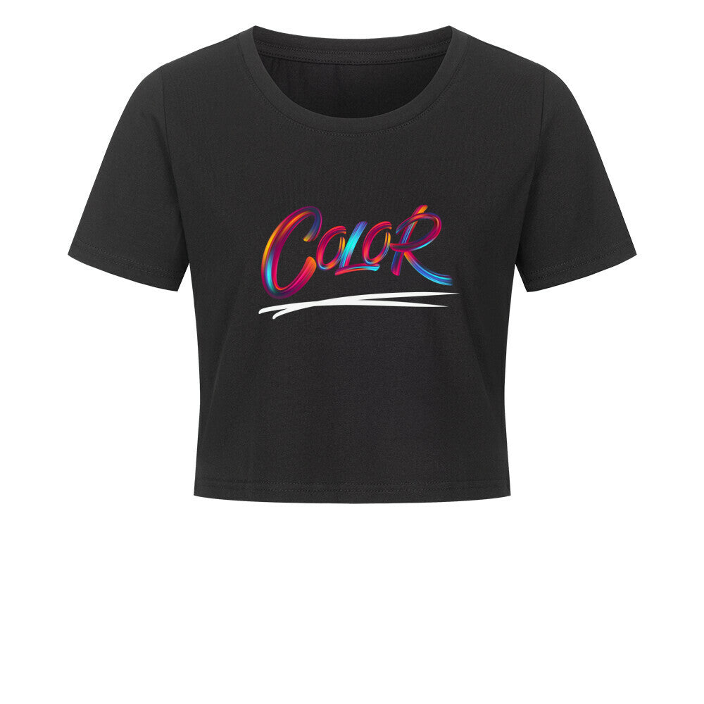 Das MarketPrint Ladies Cropped "COLOR" ist ein kurz geschnittenes Damen-Shirt aus Baumwolle mit kurzen Ärmeln und dem farbenfrohen Schriftzug "Cool" in geschwungener Schrift über einem weißen Unterstrich.