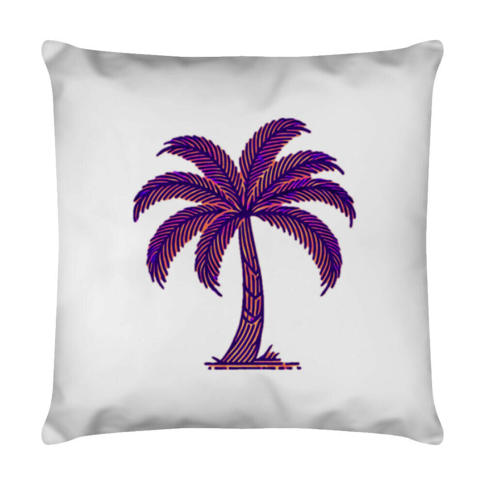 Das Kissen "PALME" von MarketPrint ist ein weißes Kissen, das mit einer violetten Palmengrafik bedruckt ist und über einen praktischen Reißverschluss zum einfachen Abnehmen und Reinigen verfügt.