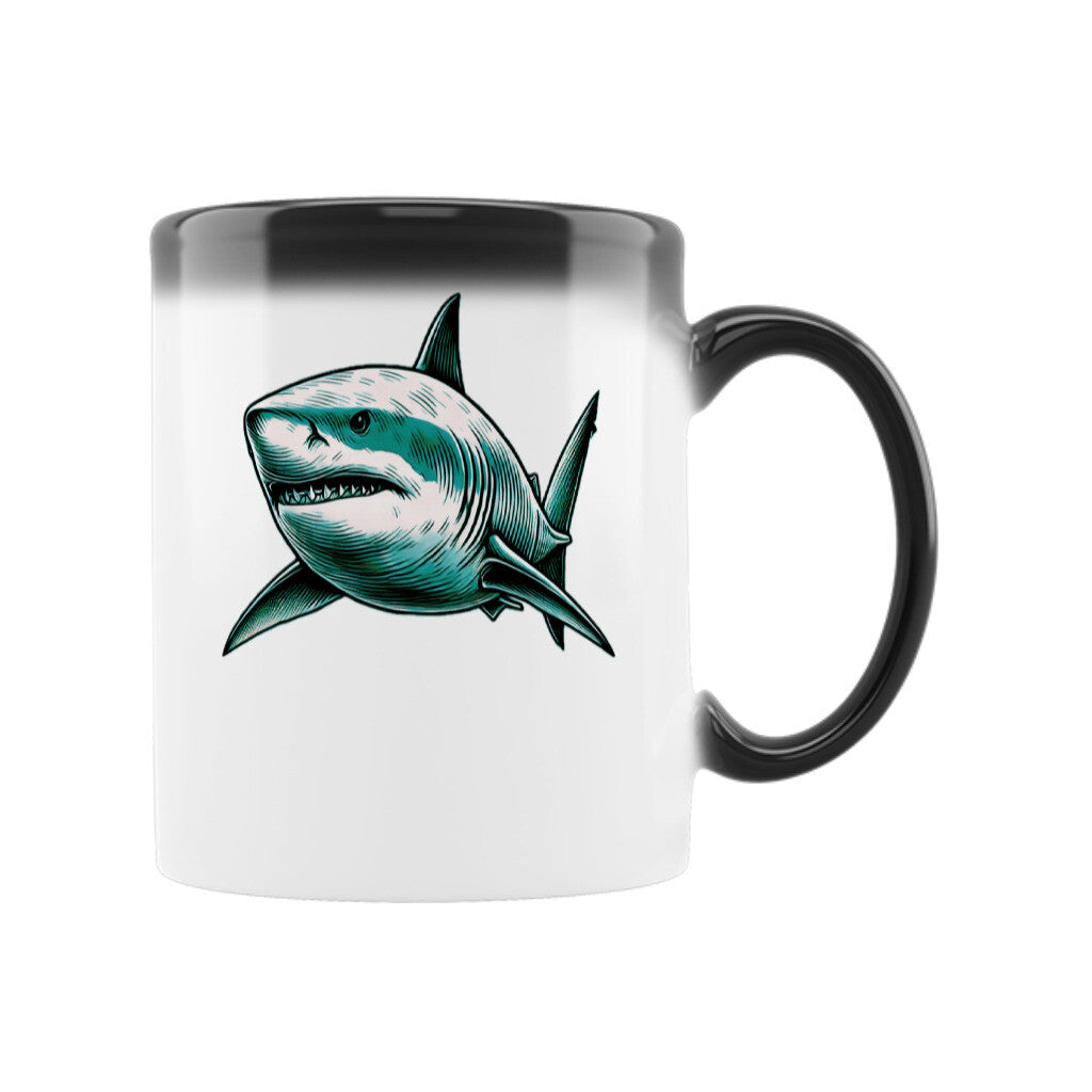 Die Zaubertasse "Hai" von MarketPrint ist eine weiße Keramiktasse mit schwarzem Henkel und Rand. Beim Befüllen mit heißem Getränk erscheint ein in Türkis und Schwarz illustrierter Hai auf der Tassenaußenseite.