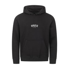 Der schwarze Premium Hoodie "BIKERS" von MarketPrint aus Bio-Baumwolle bietet Kängurutasche, weißen "BIKER LIFESTYLE"-Schriftzug auf der Brust, Kordelzug sowie gerippte Bündchen und Saum.