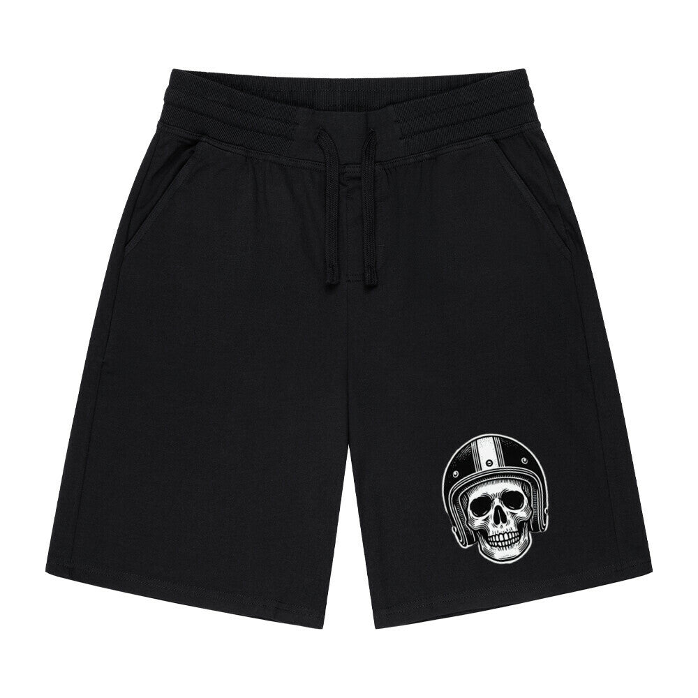 Die MarketPrint Shorts "Totenkopf-Helm" sind schwarze Männer-Shorts mit einem auffälligen Totenkopf-Helm-Design.