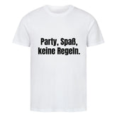 Das Premium Shirt "Party, spaß" von MarketPrint ist ein schlichtes weißes T-Shirt aus Bio-Baumwolle mit "Party, Spaß, keine Regeln." in fetter schwarzer Schrift auf der Brust.