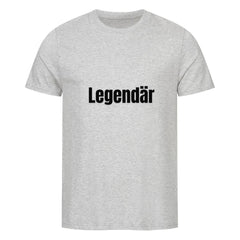Das Premium Shirt "Legendär" von MarketPrint ist ein unifarbenes, hellgraues Unisex-T-Shirt aus Bio-Baumwolle Singlejersey mit schwarzem Aufdruck "Legendär" auf der Brust.